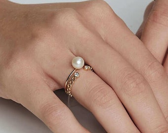 14K Solid Gold Genuine Pearl Ring, Freshwater Pearl Ring,June Birthstone,Birthday Gift for Her, Graduation Gift, Mothers Day Gift