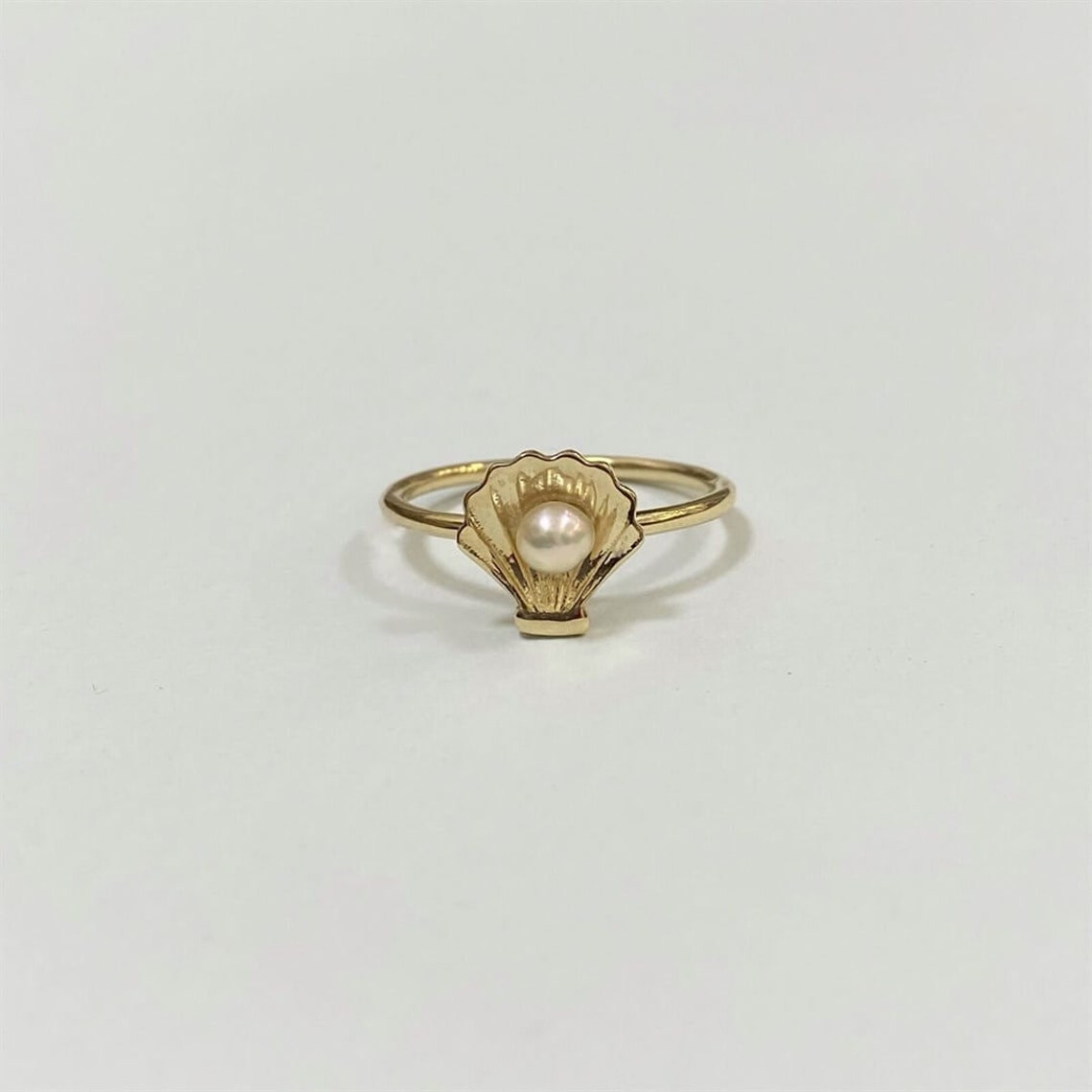 14K Solid Gold Real Pearl in Sea Shell Ring Oceanic Beach - Etsy