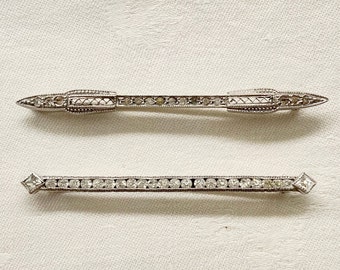 Victorian Antique vintage bar pin with clear small rhinestones and open metal work in sterling silver and a 'c' clasp