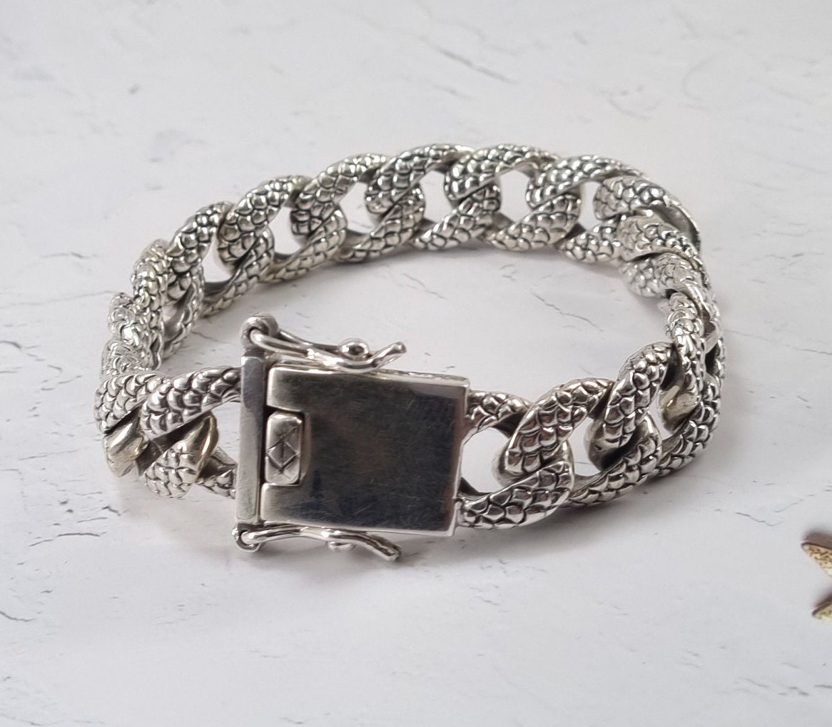 Block Hood Sterling Silver Bracelet With Scale Pattern Chain