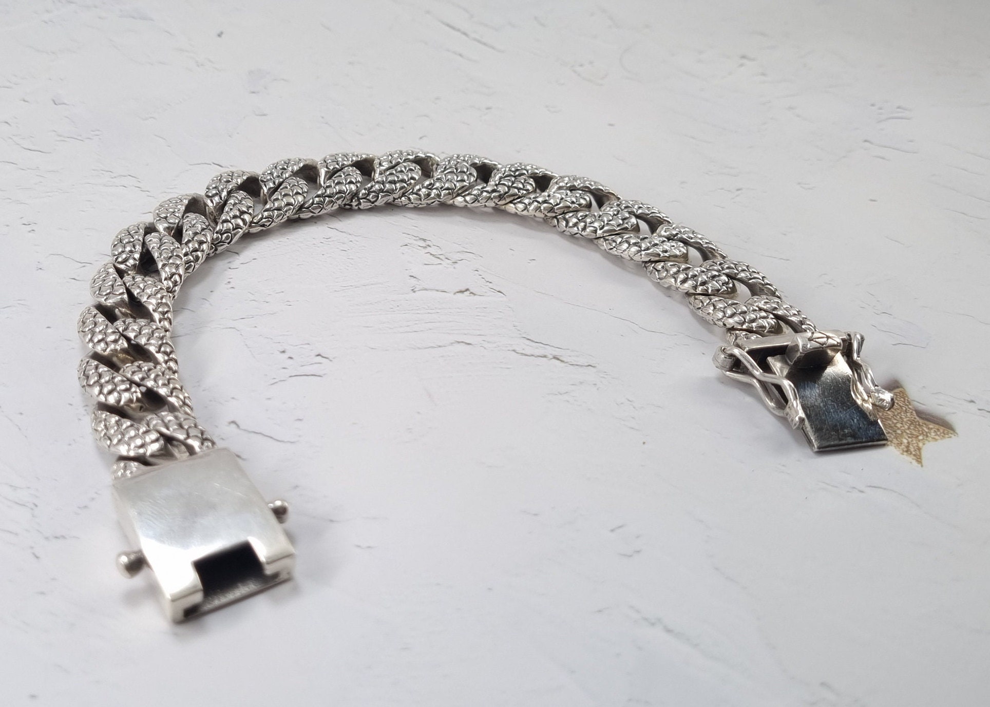 Block Hood Sterling Silver Bracelet With Scale Pattern Chain