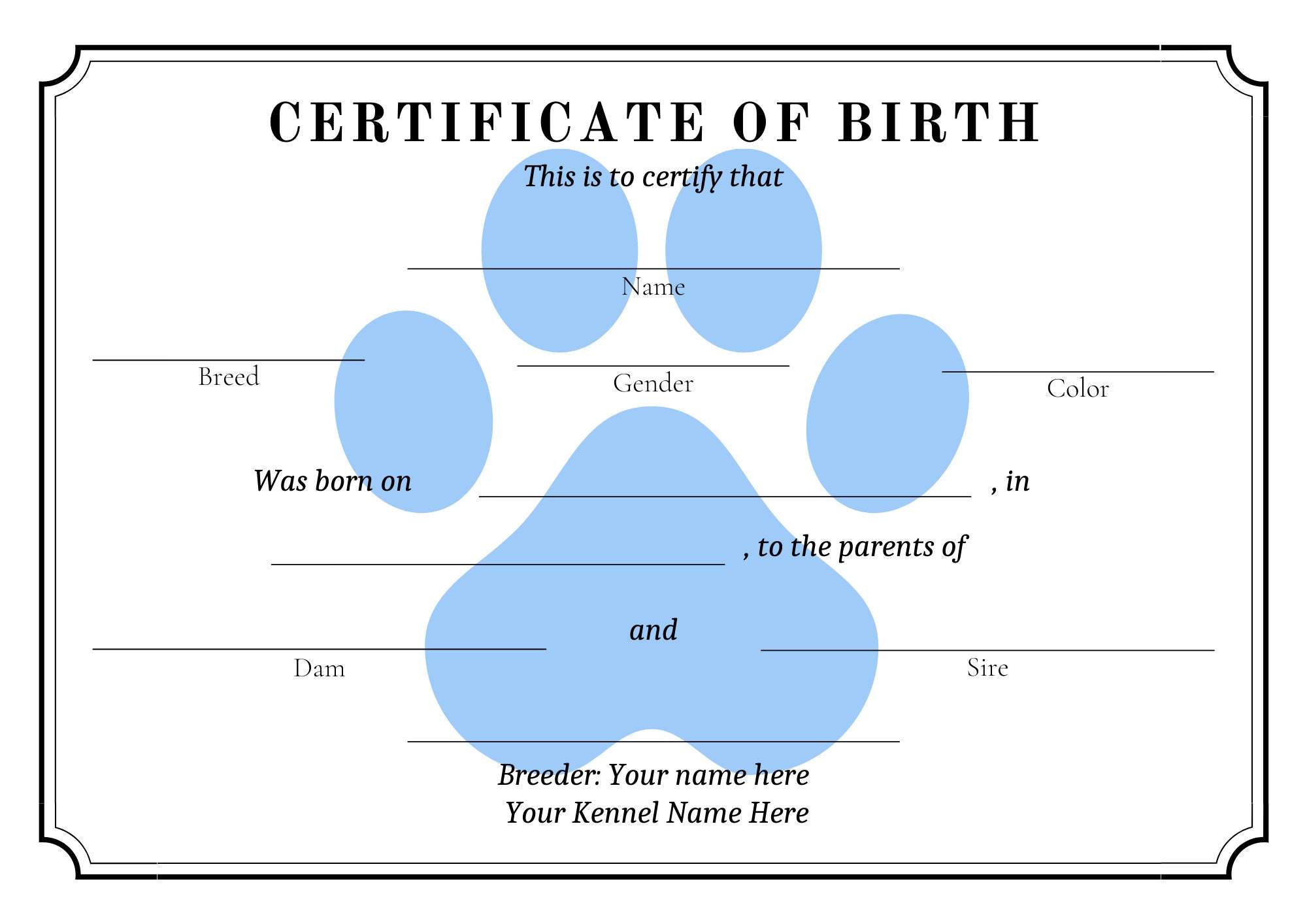 Editable Puppy Birth Certificate Template Canva Editable Etsy