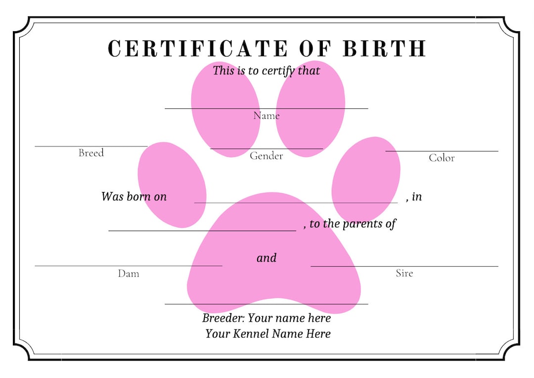 Editable Puppy Birth Certificate Template | Canva Editable | Digital ...
