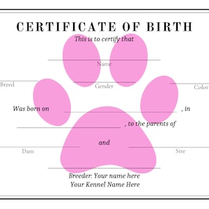 Bearbeitbare Welpen Geburtsurkunde Vorlage | Canva Bearbeitbar | Digitaler Download | Hundezüchter | Individuell