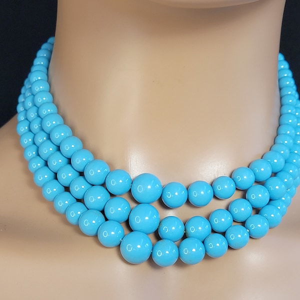 Marvella turquoise multistrand beaded necklace, layered turquoise bead necklace, turquoise necklace for women,layered pearl necklace