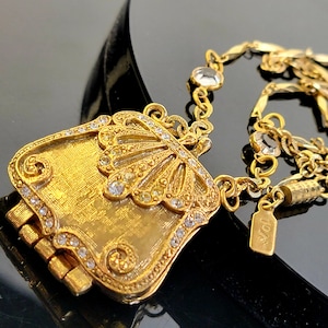 Vintage Gold Ton Strass Tasche Bild Medaillon lange Kette Halskette, Foto Memory Halskette, Halskette, Medaillon Halskette Vintage, Bild Medaillon