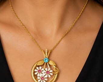 Vintage CORO Gold Crystal Daisy Pendant, 1950s Art Deco Pink Turquoise Necklace, acrylic daisy flower pendant, daisy pendant,daisy charm
