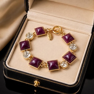 Ann Taylor burgundy square bracelet, Lucite bezel rhinestones braclet ,burgundy jewelry,enamel crystal link toggle  bracelet,