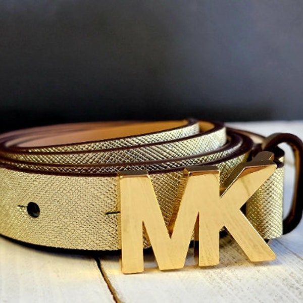 Authentic Gold luxury designer belt for women, Large thin MK canvas belt, womens belts