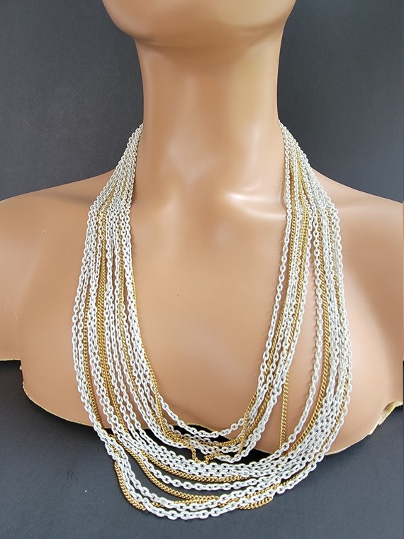 Trifari two tone multi chain long necklace,layered