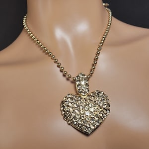 Large champagne crystal heart necklace, Heart pendant chain necklace,Rhinestones heart necklace, chunky heart necklace