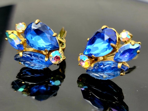 Vintage royal blue crystal clip on earrings,royal… - image 10