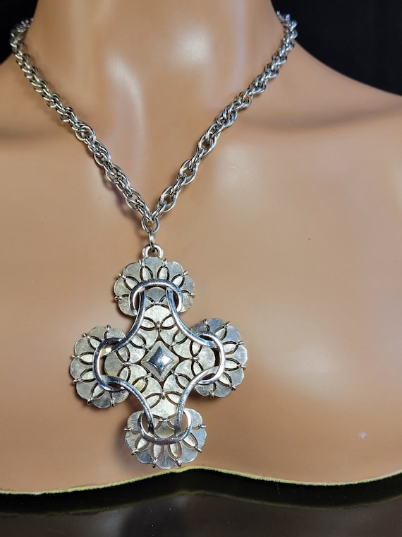 Chunky silver Trifari cross long chain necklace,La