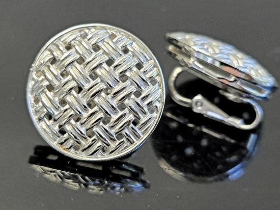 Silver wicker Trifari clip on earrings, trifari j… - image 2