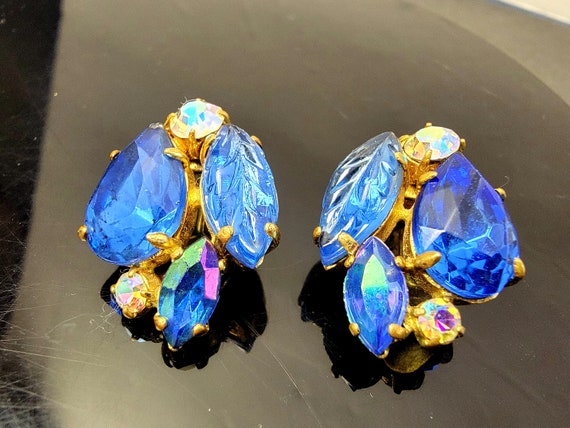 Vintage royal blue crystal clip on earrings,royal… - image 9