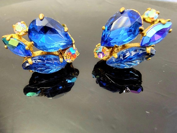 Vintage royal blue crystal clip on earrings,royal… - image 7