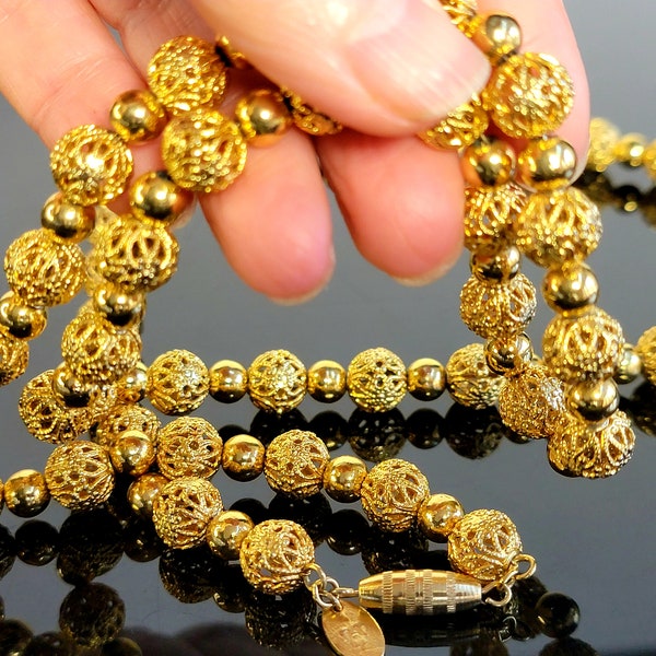 Vendome Etruscan gold ball long necklace, ball chain necklace gold, Antique gold Etruscan filigree beaded link necklace