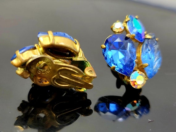Vintage royal blue crystal clip on earrings,royal… - image 5