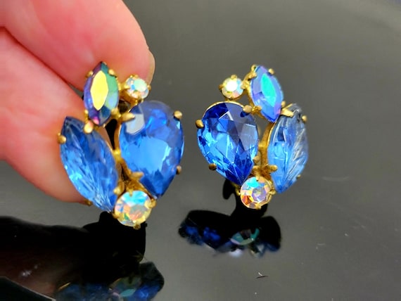 Vintage royal blue crystal clip on earrings,royal… - image 1