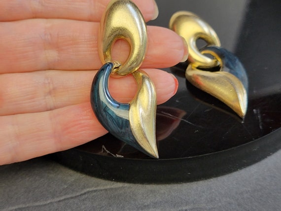 Bronze and blue enamel hanging earrings, drop ear… - image 4