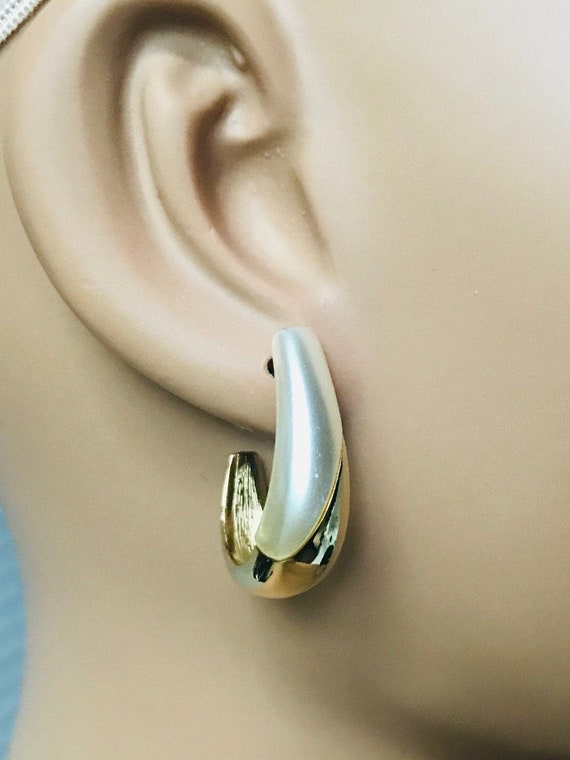 Gold Mother of pearl huggies earrings, Napier pear