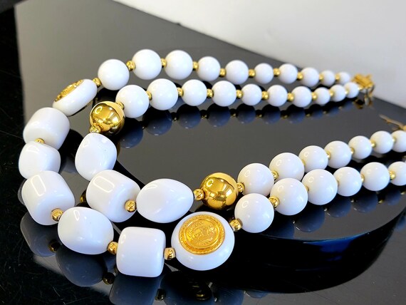 White Gold Beaded Double Layer Statement Necklace… - image 4