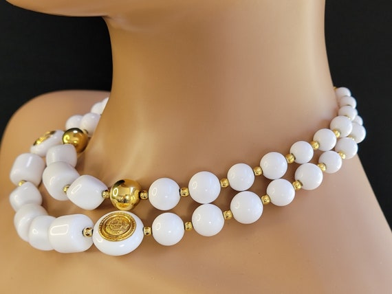 White Gold Beaded Double Layer Statement Necklace… - image 8