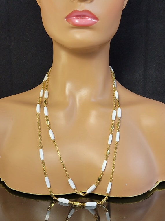 Trifari white bead link long chain necklace,long s