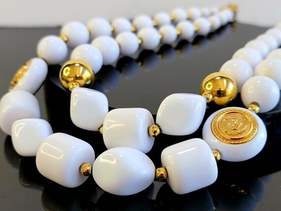White Gold Beaded Double Layer Statement Necklace… - image 1