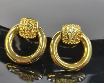 Boucles D'oreilles Vintage Percées - Motif Girafe Et Lion Couleur Or - Pièce Unique *3429