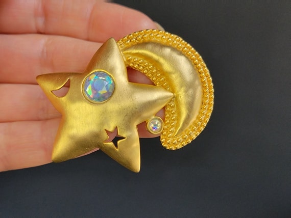 JJ brushed gold Star and moon brooch, A crystal s… - image 6