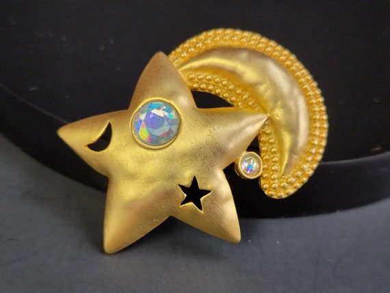 JJ brushed gold Star and moon brooch, A crystal s… - image 2