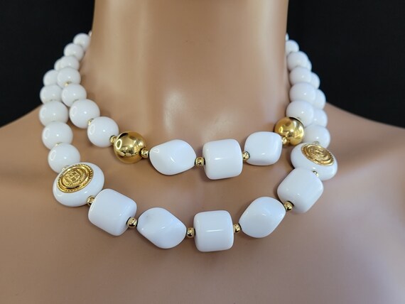 White Gold Beaded Double Layer Statement Necklace… - image 2