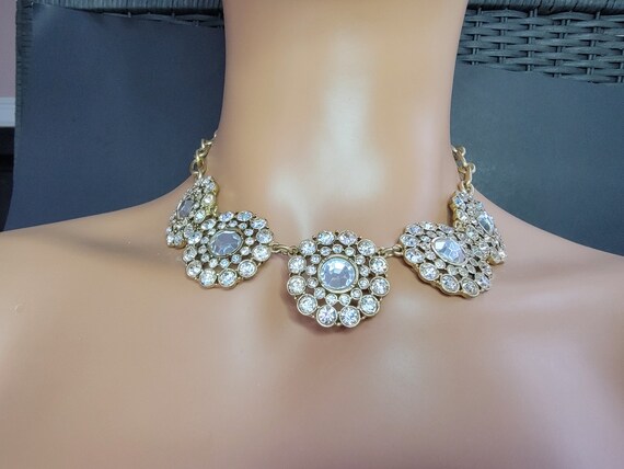Vintage J.Crew Crystal Flower Statement Necklace, 1950s Sparkly Cluster Pendant,j crew vintage necklace,multi charm statement crystal choker
