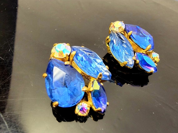 Vintage royal blue crystal clip on earrings,royal… - image 2