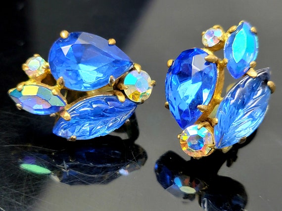Vintage royal blue crystal clip on earrings,royal… - image 3