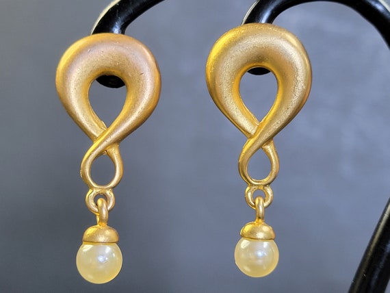 Gold infinity drop pearl earrings,infinity pearl … - image 2