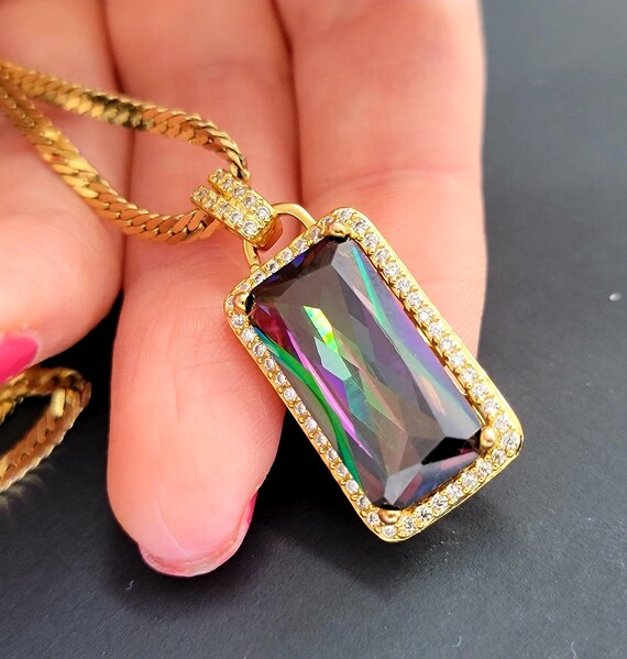 Rectangular rainbow crystal pendant necklace,colo… - image 1