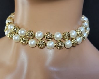 Collier de perles napier néo-étrusque, bijoux néo-étrusque, collier étrusque, collier boule de perles en filigrane d'or étrusque antique