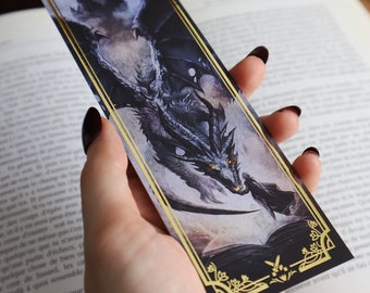 Zakładka do książki Fantasy | Ilustracja ze złotą folią | Czwarte skrzydło i burza onyksowa | Zakładka do książki Dragon | Kolekcjonerski dodatek do czytania