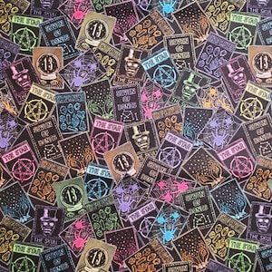 May include: A black background with a repeating pattern of colorful tarot cards. The cards feature various symbols, including stars, skulls, and the number 13. The cards are outlined in neon colors, creating a vibrant and eye-catching design.