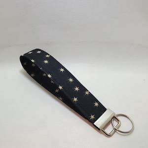Star Print Fabric Wristlet Keychain: Handmade Black Key Fob Lanyard
