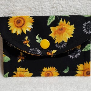 Mini billetera de girasol, lindo tarjetero, monedero hecho a mano, billetera de girasol con broche, linda billetera de tela, billetera de viaje