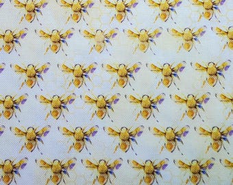 May include: A repeating pattern of watercolor-style bees on a white background. The bees are yellow and brown with purple accents on their wings. The pattern is evenly spaced, creating a visually appealing design.