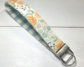 Mint Gingham Floral Wristlet Keychain – Handmade Coordinating Fabric Keychain