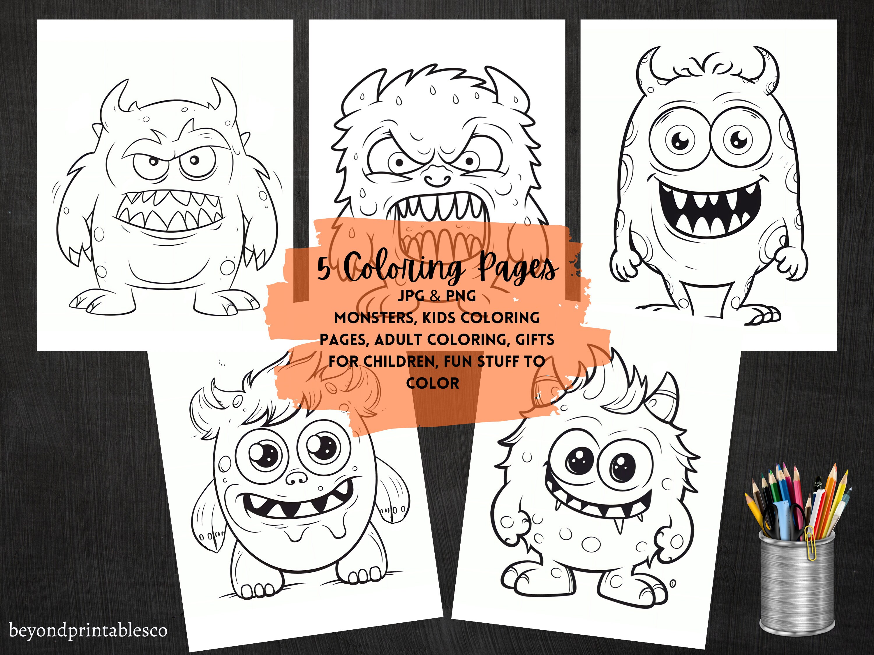 5 Printable Monster Coloring Pages for Kids or Adults! Instant Digital ...