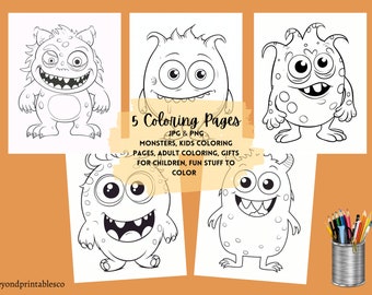 Monster Coloring Worksheets, 5 Pages, Activities for Toddlers/Preschooler, Printable, Fine Motor Skills, Creativity skills, Kids coloring