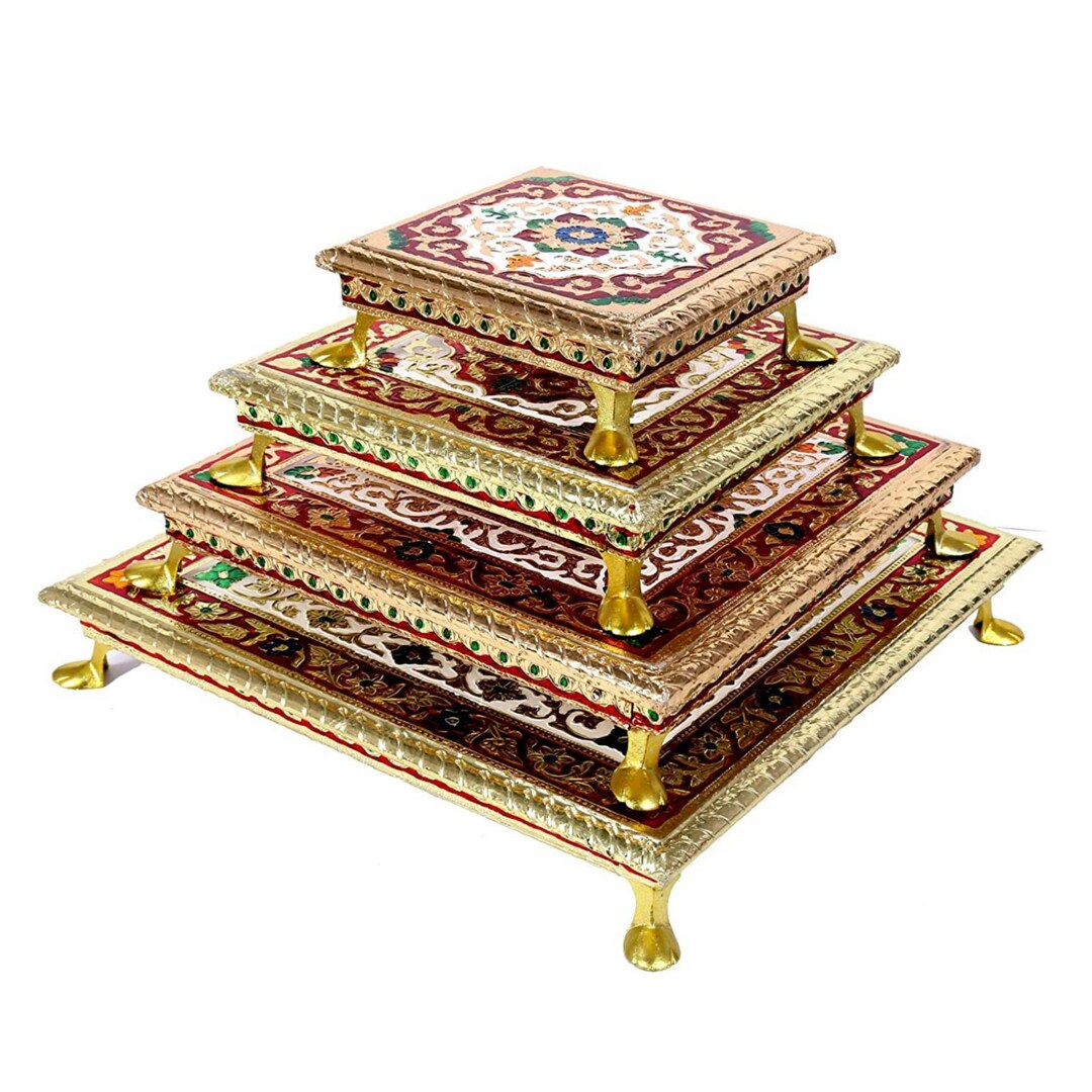 Set of 6 Pooja Chowki, Premium Quality Pooja Chowki, Gold Meenakari