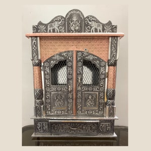 Free Chowki!! 18” German Oxidised Wooden Pooja Mandir for Home, Pooja Mandir, Wooden Home Temple, Pooja Chowki for Home, Wall Mounted Mandir