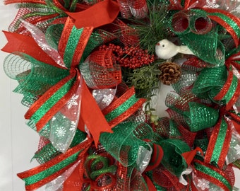 Square Christmas Wreath with a white dove sitting on a pine branch with pine cones and red berries